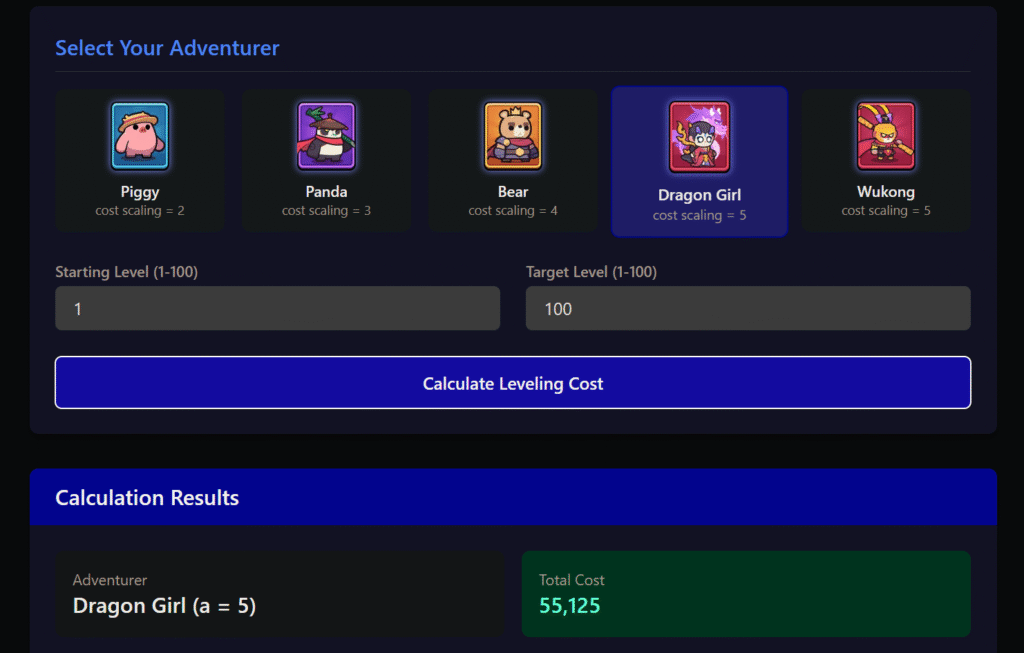 adventurer level up cost calculator